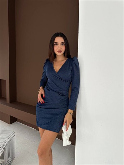 Kadın Uzun Kollu Simli Kumaş Mini Kruvaze Mini Elbise