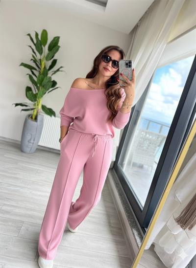 Kadın Uzun Kollu Tek Omuzdan Açık Dalgıç Bluz Ve Pantolon Ikili Takım