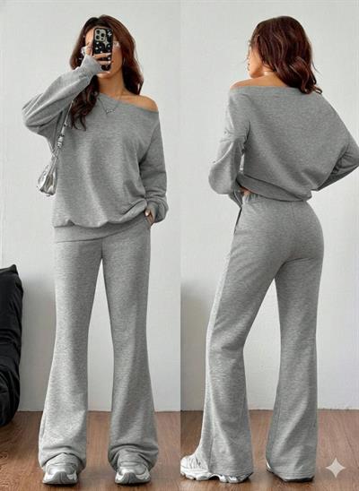 Kadın Uzun Kollu Tek Omuzdan Açık Iki Iplik Bluz Ve Pantolon Ikili Takım