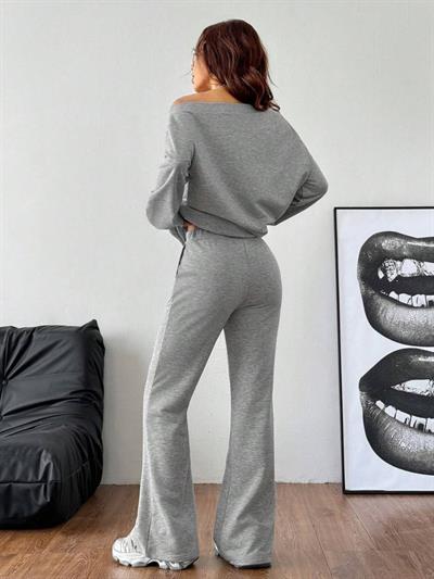 Kadın Uzun Kollu Tek Omuzdan Açık Iki Iplik Bluz Ve Pantolon Ikili Takım
