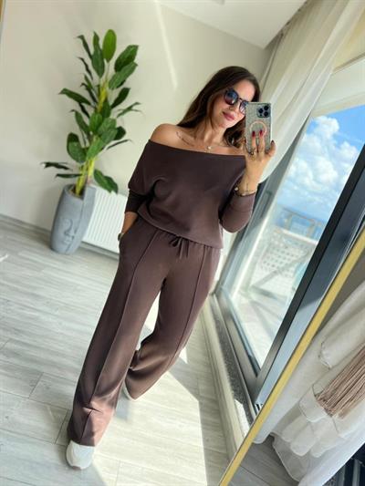 Kadın Uzun Kollu Tek Omuzdan Açık Modal Bluz Ve Pantolon Ikili Takım