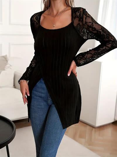 Kadın Uzun Kollu Tül Detaylı Kare Yakalı Asimetrik Kesim şardonlu Dalgıç Bluz