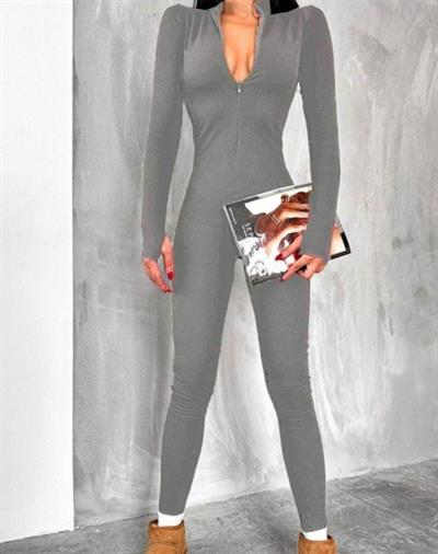 Kadın Uzun Kollu V Yaka Baş Parmak Geçirmeli Detay Kaşkorse Tulum