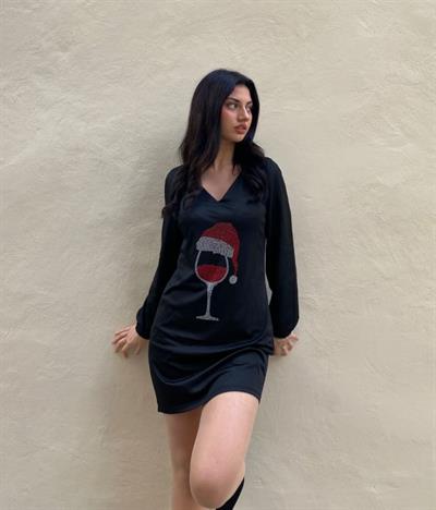 Kadın Uzun Kollu V Yaka Baskılı Dalgıç Kumaş Elbise