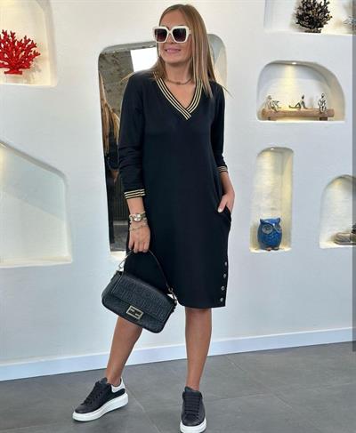 Kadın Uzun Kollu V Yaka Kol Ve Yaka Ribanalı Etek çıtçıt Detay Iki Iplik Elbise