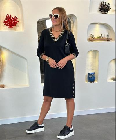 Kadın Uzun Kollu V Yaka Kol Ve Yaka Ribanalı Etek çıtçıt Detay Iki Iplik Elbise