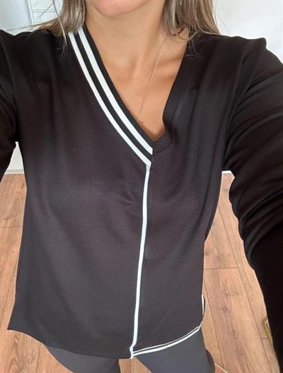 Kadın Uzun Kollu V Yaka Ribana Detay Kristal Kumaş Bluz