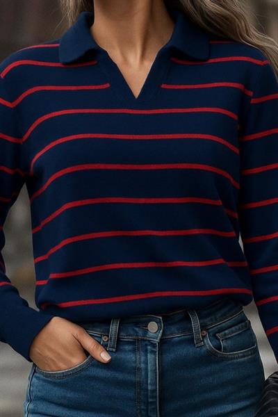 Kadın Uzun Kollu V Yaka çizgili Triko Bluz