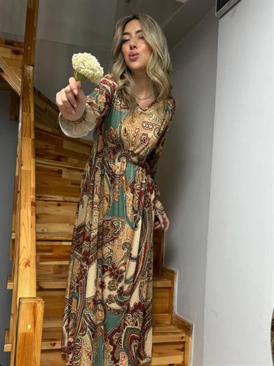 Kadın Uzun Kollu V Yakalı Belden Lastikli Desenli Uzun Süprem Elbise