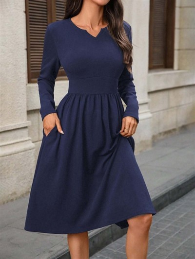 Kadın Uzun Kollu V Yakalı Cepli Midi Ithal Krep Elbise