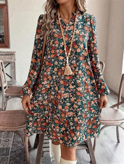 Kadın Uzun Kollu V Yakalı Desenli Modal Mini Elbise