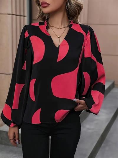 Kadın Uzun Kollu V Yakalı Desenli Modal Bluz