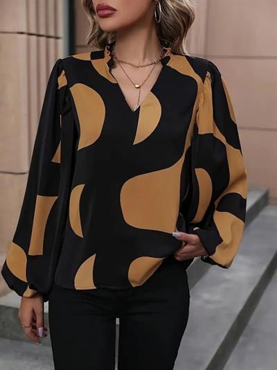 Kadın Uzun Kollu V Yakalı Desenli Modal Bluz