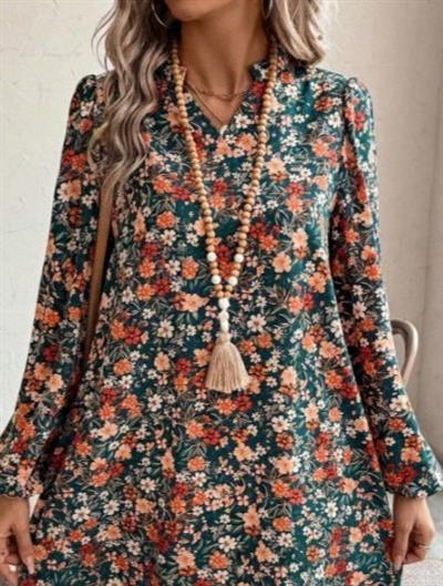 Kadın Uzun Kollu V Yakalı Desenli Modal Mini Elbise