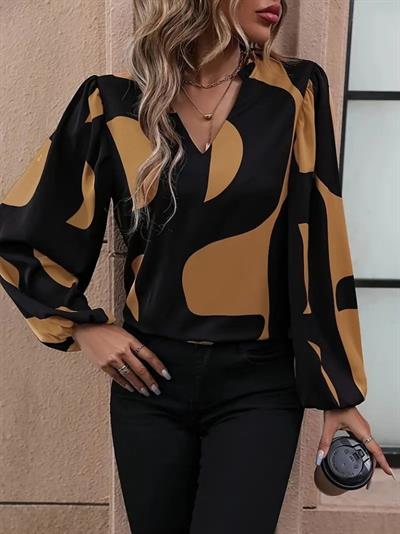 Kadın Uzun Kollu V Yakalı Desenli Modal Bluz
