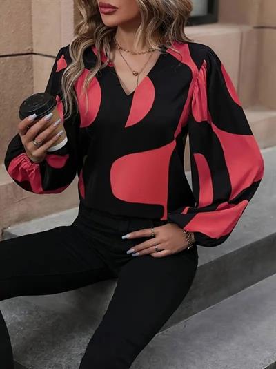 Kadın Uzun Kollu V Yakalı Desenli Modal Bluz