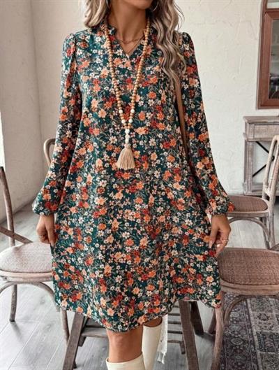 Kadın Uzun Kollu V Yakalı Desenli Modal Mini Elbise