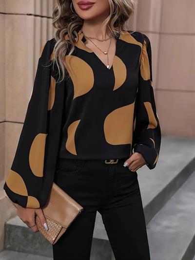 Kadın Uzun Kollu V Yakalı Desenli Modal Bluz
