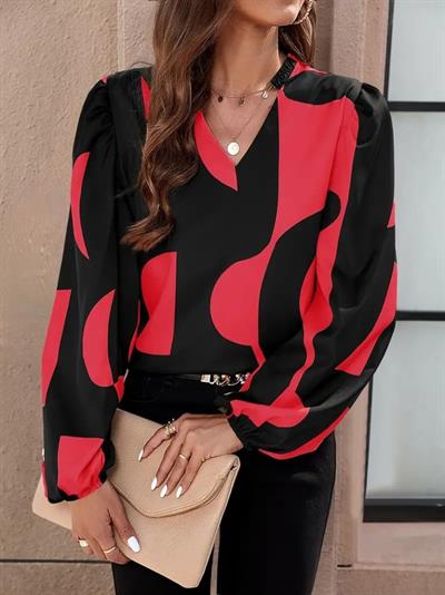 Kadın Uzun Kollu V Yakalı Desenli Modal Bluz