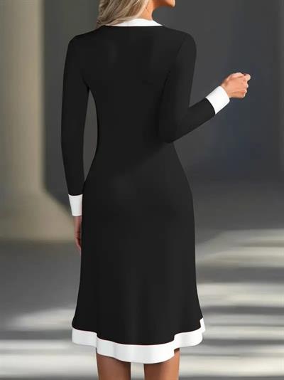 Kadın Uzun Kollu V Yakalı Düğmeli Midi Modal Elbise