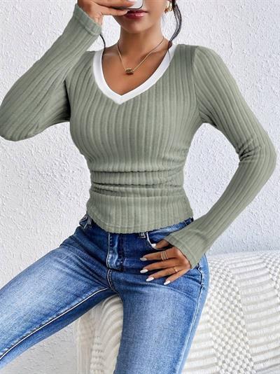 Kadın Uzun Kollu V Yakalı Kalın Fitilli Kaşkorse Bluz