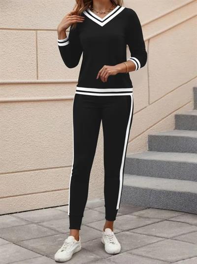 Kadın Uzun Kollu V Yakalı Ribanalı Viskon Iki Iplik Bluz Ve Pantolon Ikili Takım