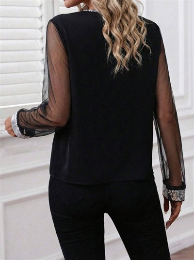 Kadın Uzun Kollu V Yakalı Tül Detaylı Ithal Krep Bluz