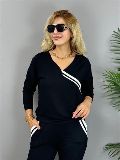 Kadın Uzun Kollu V Yakalı şerit Detaylı Viskon Iki Iplik Bluz Ve Pantolon Ikili Takım