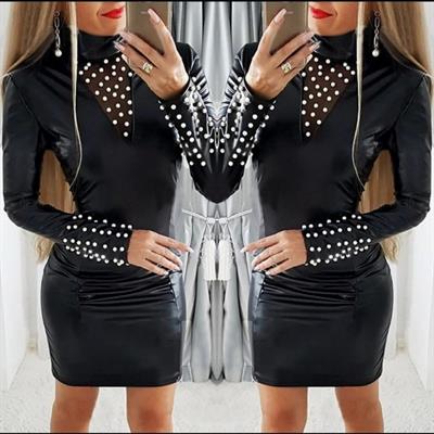 Kadın Uzun Kollu Yaka Ve Kol Inci Detay Deri Mini Boy Elbise