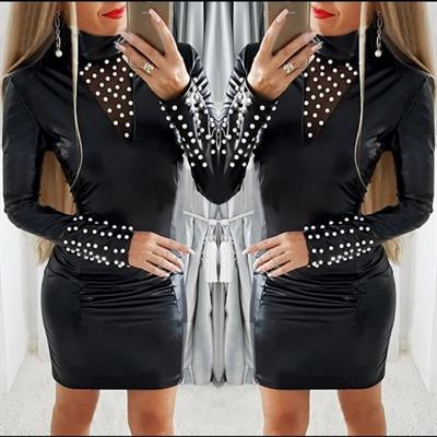 Kadın Uzun Kollu Yaka Ve Kol Inci Detay Deri Mini Boy Elbise