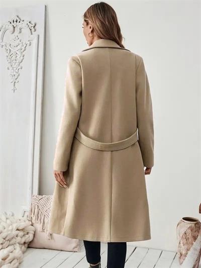 Kadın Uzun Kollu Yakalı Belde şerit Düğme Detaylı Cepli Mini Kaşe Kaban