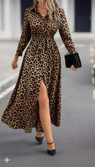 Kadın Uzun Kollu Yakalı Belden Kuşaklı Leopar Desenli Modal Uzun Elbise