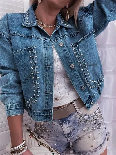 Kadın Uzun Kollu Yakalı Cepli Inci Detaylı Kısa Kot Ceket