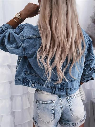 Kadın Uzun Kollu Yakalı Cepli Inci Detaylı Kısa Kot Ceket