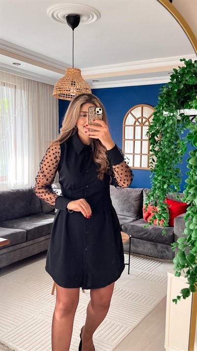 Kadın Uzun Kollu Yakalı Düğmeli Mini Ithal Krep Elbise