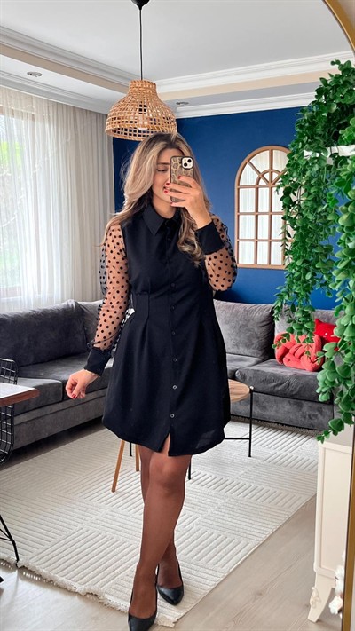 Kadın Uzun Kollu Yakalı Düğmeli Mini Ithal Krep Elbise