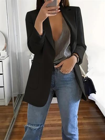 Kadın Uzun Kollu Yakalı Düğmesiz Cepli Atlas Blazer Ceket