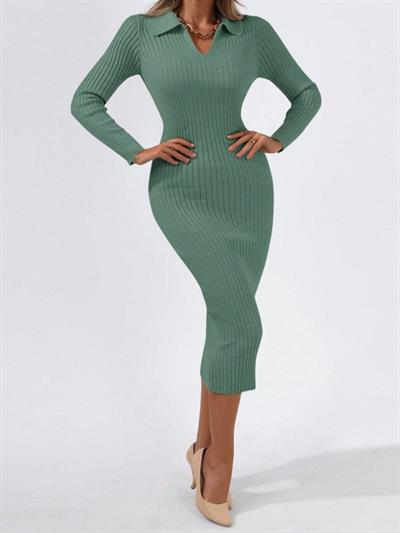 Kadın Uzun Kollu Yakalı Triko Elbise