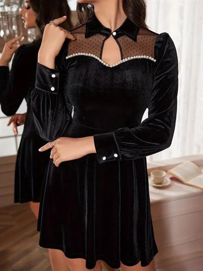 Kadın Uzun Kollu Yakalı Tül Detaylı Incili Mini Kadife Elbise