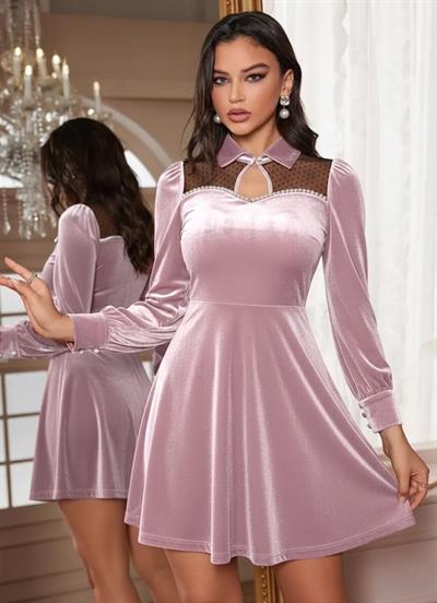 Kadın Uzun Kollu Yakalı Tül Detaylı Incili Mini Kadife Elbise