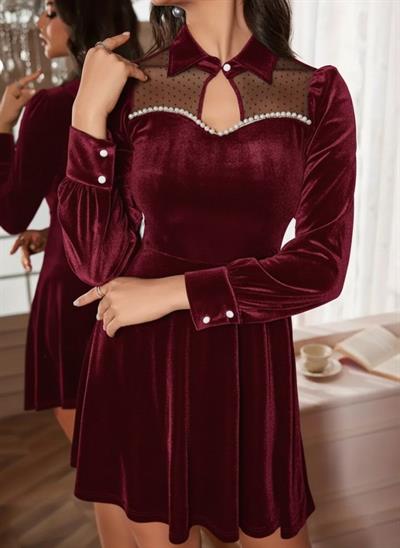 Kadın Uzun Kollu Yakalı Tül Detaylı Incili Mini Kadife Elbise