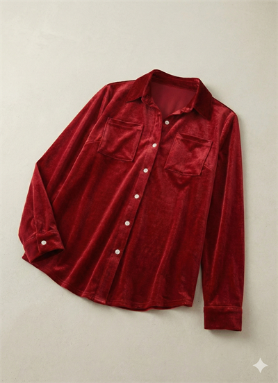 Kadın Uzun Kollu Yakalı önden Düğmeli Cep Detaylı Kadife Gömlek