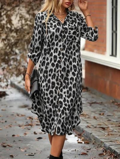 Kadın Uzun Kollu Yakalı önden Düğmeli Leopar Desenli Modal Midi Elbise