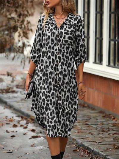 Kadın Uzun Kollu Yakalı önden Düğmeli Leopar Desenli Modal Midi Elbise