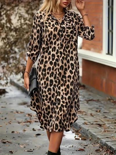 Kadın Uzun Kollu Yakalı önden Düğmeli Leopar Desenli Modal Midi Elbise