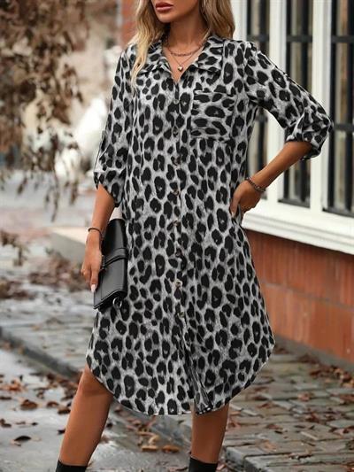 Kadın Uzun Kollu Yakalı önden Düğmeli Leopar Desenli Modal Midi Elbise