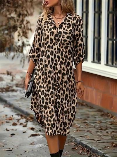 Kadın Uzun Kollu Yakalı önden Düğmeli Leopar Desenli Modal Midi Elbise