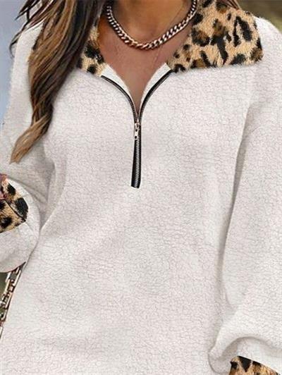 Kadın Uzun Kollu Yakalı önden Fermuarlı Leopar Detaylı Mini Peluş Elbise