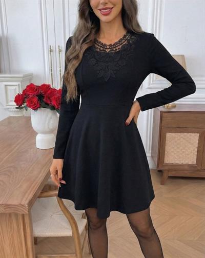 Kadın Uzun Kollu Yakası Dantelli Mini Ithal Krep Elbise