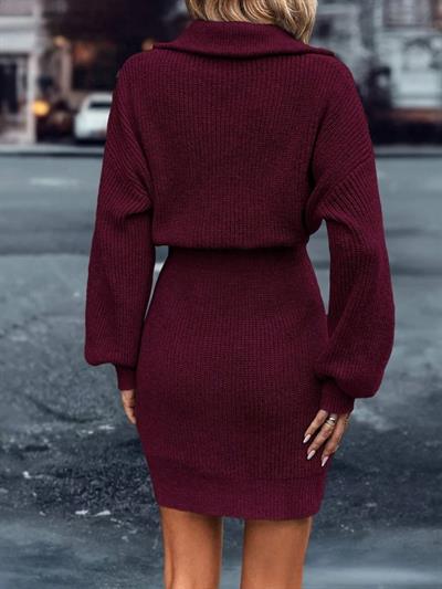 Kadın Uzun Kollu Yakası Fermuarlı Mini Triko Elbise